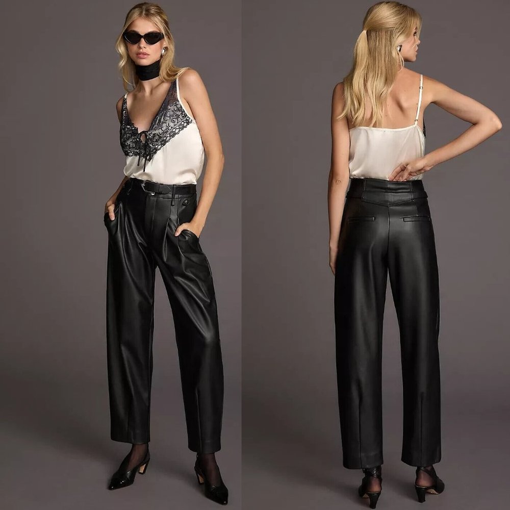 Anthropologie Maeve Faux Leather Taper Pleated Pants black nwt new US si… - Picture 1 of 3